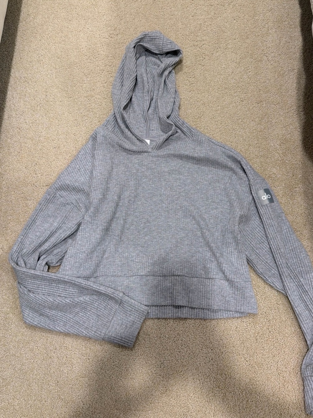 ALO Yoga Light Gray Ribbed Cropped Hoodie